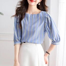 Women's Blouses Striped Chiffon Women Fashion Loose Tops Short Sleeve Office Lady Shirts Blusa Feminina 2024 Summer Korean Woman Clothes