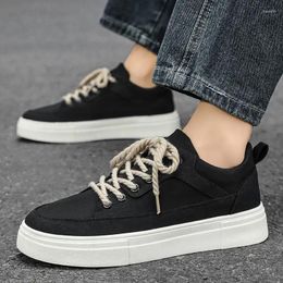 Casual Shoes Summer Low Top Canvas Men Round Head Solid Colour Flats Lace Up Thick Bottom Lightweight Non-slip Sneakers