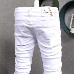Summer Men's White Jeans Casual Cotton Slim Fit Straight Pants Mens Fashion Streetwear Ripped Patches Denim Trousers