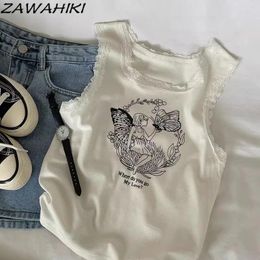 Women's Tanks White For Women Sweet Korean Print Sleeveless Camis Ladies Lace Slim Top Female Cartoon Kawaii Preppy Ropa Mujer