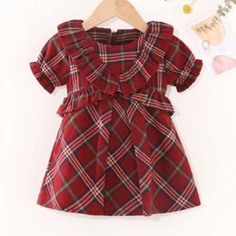 Girl Dresses Toddler Baby Plaid Ruffle Trim Short Sleeves Dress Little Kids Christmas Style Red Outfits