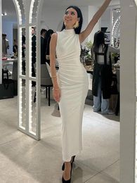 Casual Dresses White Elegant For Women Pleated High O-neck Sleeveless Slim Hip Wrap Long Dress 2024summer Evening Party Robe Streetware