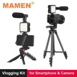 MAMEN Portable Phone Camera Travel Tripod Vlogging Kit with Microphone LED Light for Video Interview Live Streaming Phone Stand