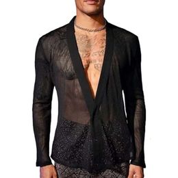 New mens transparent mesh shirt V-neck button long sleeved muscle T-shirt cardigan top