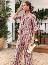 Women's Two Piece Pants Colourful Print Shirt Set Women Hollow Out Lace Up Puff Sleeve V Neck Top Suit Female 2024 Fashion Summer Lady Outfit