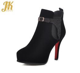 Boots JK Pointed Toe Stiletto Heel High Shoes Black Thick Platform Women Ankle Boot Fashion Casual Bootie Belt Buckle Metal Decor6489732