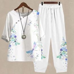 Women's Two Piece Pants Summer Sets White Floral Print Womens Outfits Elegant Ladies O Neck Loose Short Sleeve Shirt High Waist Suit