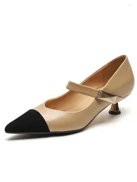 Dress Shoes Women Pumps Med Heel Mixed Colors Splicing Lady Elastic Band Pointy Toe Metal Decoration Sexy JINTRENDY