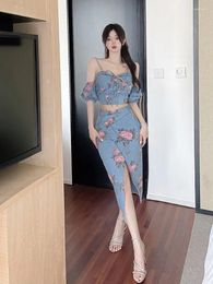 Work Dresses Women 2 Piece Set Denim Fashion Party Female Girl Chic Sexy Sling Top High Waist Irregular Split Skirt Summer Lady Suit