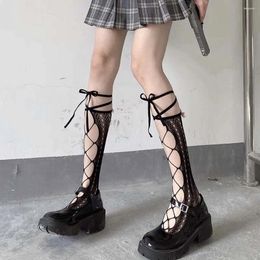 Women Socks Sexy Personality Thin Girl For Nylon Bow High Knee Lace Fishnet Hollow Calf Hosiery