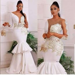 African Nigerian Mermaid Dresses Sheer Neck Gold Applique Long Sleeves Bridal Party Gowns Wedding Abendkleider 0521