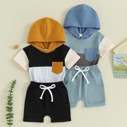 Clothing Sets 2 Pcs Toddler Boys Summer Outfits Contrast Colour Short Sleeve Hooded T-Shirt And Elastic Waist Shorts Clothes Set