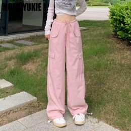 Women's Pants Spring Summer Harajuku Baggy Cargo High Waist Drawstring Pocket Casual Women Y2k Aesthetic Straight Wide Leg Trouser