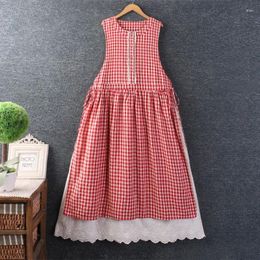 Casual Dresses Women's Japanese Style Mori Girl Sweet Double Layered Hem Plaid Dress Sleeveless Loose Cotton Linen A-line Summer