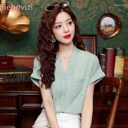 Women's Blouses Summer V-neck Shirt Korean Fashion Casual Solid Colour Short Sleeve Slim Blouse Tops For Women Clothes