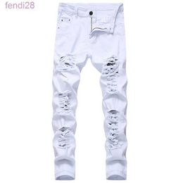 Mens White Black Distressed Holes Skinny Jeans Full Length Denim Pants Street Style Trousers Wholesale S0PN