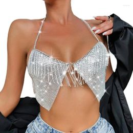 Women's Tanks Women Sequins Bras With Rhinestones Tassels Halter V Neck Backless Camisole Nightclub Body Chain Crop Top