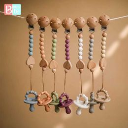 Pacifier Holders Clips# 2-piece/set baby wooden pacifier clip chain silicone Nipple food grade beads virtual bracket heart toothbrush shower d240521