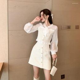 Casual Dresses 2 Piece Set Women Outfits Temperament Sweet Little Fragrance Style Bow-knot Ruffled Top A-line Skirt Ladies Fashion Suit