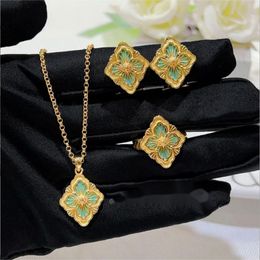 Famous Italian designer ring earrings drawn retro court style Tianhe stone four-leaf clover bracelet powder agate necklace set green