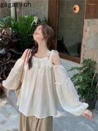 Women's Blouses Gagarich Elegant Hollow Out Solid Loose Spaghetti Shirt Woman Gentle Halter Lantern Sleeves Simple Versatile Blouse Ins 2024