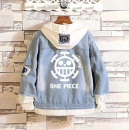 Anime One Piece denim bomber jacket ONE PIECELuffy Hooded Jeans Sweatshirt Unisex Ripped hole cosplay hoodie A9012 MX2008134183644