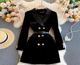 2022 Autumn Coat Women039s Jackets Velvet Jacket Winter Double Breasted Long Sleeve Ladies Black Blazer Belt Women Slim Suit Bl5074811