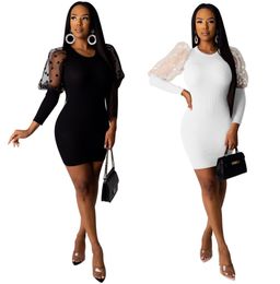 Bodycon Party Dresses Women Knit Dress Sexy Long Lantern Sleeve Polka Dot Sheer Mesh Stiching Slim Mini Club Dress White Black9716693