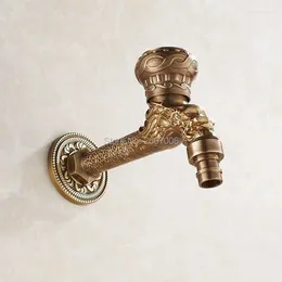 Bathroom Sink Faucets Garden Tap Art Carved Antique Brass Finish Washing Machine Faucet Single Handle Wall Mounted Bibcock GI127