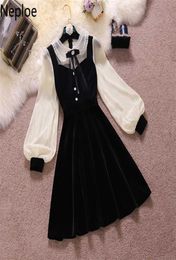 Neploe Vintage Velvet Black Dress Stand Neck Lantern Sleeve Party Robe High Waist Slim Vestidos Korean Elegant Dresses Women 220111175394