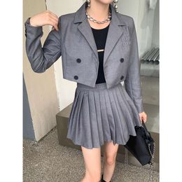 Women's Suits & Blazers Mm Family Autumn/winter New Short Suit Coat+high Waist Pleated Half Skirt Set Female Letter Embroidery