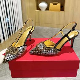 Slingbacks Fashionable Women Genuine Leather Crystal Decoration Designer Sandals 7Cm High Heel Casual Party Dress Shoe Top Quality Brand Wedding Shoes s ss