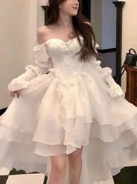 Solid Colour Fairy Midi Dress Womens White Elegant Evening Dress Beach 2024 Spring Leisure Long sleeved Fashion Dress South Korea 240517