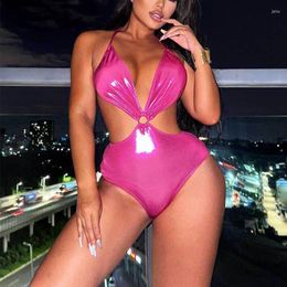 Women's Swimwear Shiny Hollow Out One Piece Swimsuit 2024 Women Sexy Solid Pink Ring Linked Backless Beach Bathing Suit Monokini