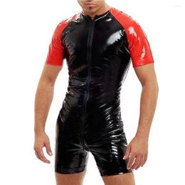 Men's Tracksuits Men Sexy Leather Bodysuit Zipper Open Crotch For Sex Glossy PVC Shiny Latex Leotard Crotchless