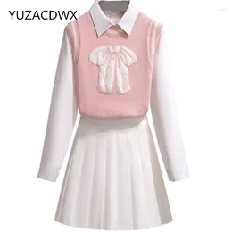 Work Dresses Women Sweet Skirt 3 Piece Set Autumn Simple Polo Collar White Blouse Pink Knitted Vest Pleated Midi Skirts Suits Chic Korean