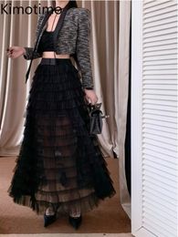 Skirts Kimotimo Black Tiered Ruffled Cake Women 2024 Temperament High Waist All Match A-line Long Skirt Vintage Falda Skort