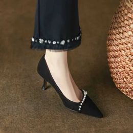 Dress Shoes New Womens Pumps White Wedding Shoes High Heels Pointed Toe String Bead Boat Shoes Thin Heels Basic Pump Pearls Black 2024 H240521
