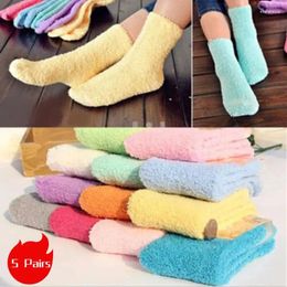 Women Socks 5 Pairs Women's Bed Pure Color Fluffy Warm Winter Christmas Gift Soft Floor Home Candy Coral FLeece Velvet