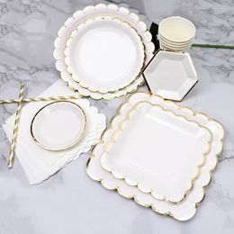 White Disposable Tableware Set Party Gold Paper Plate Wedding Necessitie Birthday Baby Shower Decorations Supplies 240510