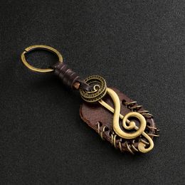 Fashion Vintage Brown Genuine Leather Wing Compass Music Symbol Keychain Charm Handwork Alloy Accessories Men Key Chain 240511
