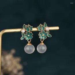 Stud Earrings China Style Copper Gold-Plated Enamel Painting Process Drop Glaze Flower Natural Jade For Women Gifts