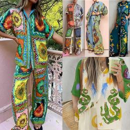 Women's Two Piece Pants Two-Piece Set Single Breasted Lapel Short Sleeve Top And Wide Leg Trousers Shirt Suit Bohemian Print Outfits