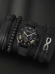 Wristwatches 5 pieces of mens fashion trend business calendar with quartz watch+4 Personalised braceletsL2304