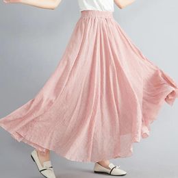 Skirts Cotton Linen Maxi Skirt Womens Casual Elastic High Waist Pleated A-Line Beach Boho Saia Feminina