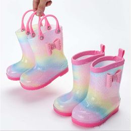 Fashion Kids Girl Rainbow Bowknot Waterproof Soft Non Slip Boys Rain boots Wearable Cute Children Water Shoes L2405 L2405