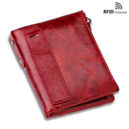 Genuine Leather Women Wallet Red Short RFID Blocking Ladies Leather Purses Luxury Female Purse Small Coin Wallets for Women Men 240521