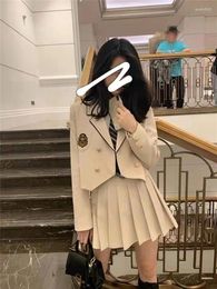 Work Dresses Preppy JK Uniform Suits Women Pleated Skirts Ladies Cropped Jackets Skirt Solid Blouse 3 Pieces Sets Spring Korean Clothes