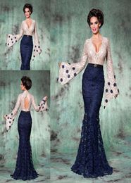 Navy Blue Long Sleeves Evening Dress High Quality Lace Arabic Moroccan Dubai Kaftan Women Wear Prom Party Dress Formal Event Gown6432294