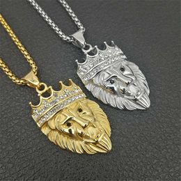 Mens Hip Hop Jewellery Iced Out Bling Crown Lion Head Pendant 14K Gold Necklace for Men Gift Present